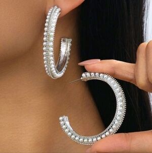 NEW! Stunning Tiny Pearl Elegant Large Silver Open Hoop Post Earrings